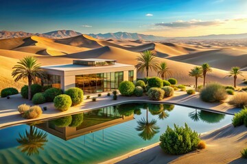 Explore the harmony of modernist elegance within nature's splendor in this captivating desert oasis, immortalized in breathtaking panoramic photography showcasing serene landscapes.