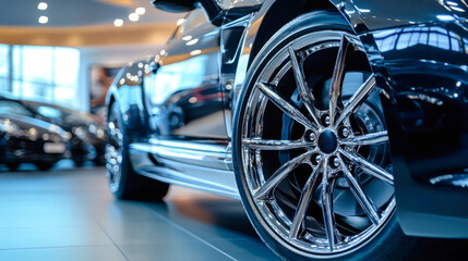 Close-up view of shiny black luxury car wheels in an upscale showroom showcasing modern automobiles for discerning customers