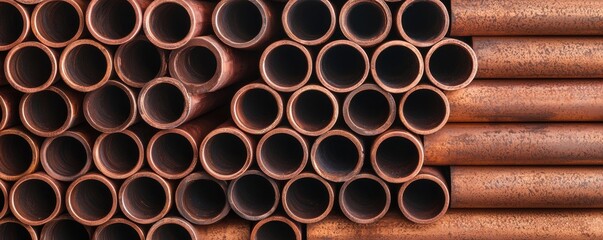 copper pipes stacked in an organized manner against a neutral background.