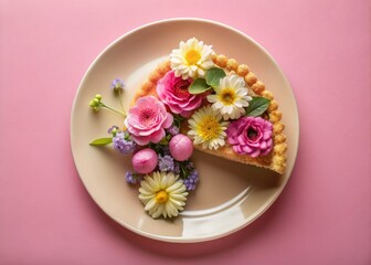 Exquisite Dessert Composition: Aerial View of Flowers and Pie on Pink Plate