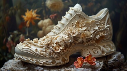 Fototapeta premium Floral Shoe Sculpture: A Whimsical Masterpiece