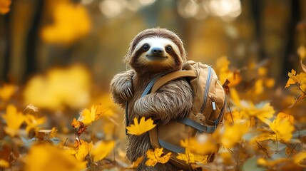 Obraz premium Adorable sloth with a school bag, slowly climbing into class, sloth at school, cute and slow