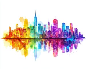 Fototapeta premium A vibrant city skyline with skyscrapers outlined in bright neon lights, colorful reflections in the water below, festival celebration