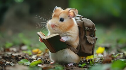 Chubby hamster with a tiny backpack, holding a math book, hamster school, adorable and curious