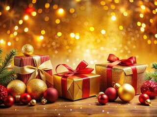 Festive Red and Gold Christmas Party Background with Gift Boxes for Holiday Celebrations