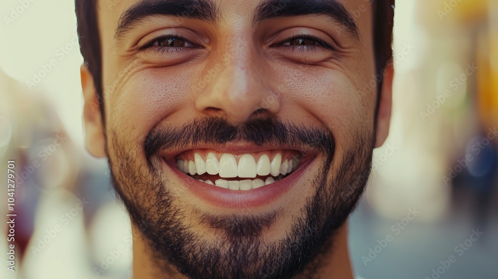 Wall mural man's joyful expression with broad smile and bright teeth.