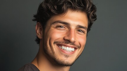 Obraz premium Smiling man against plain dark background.