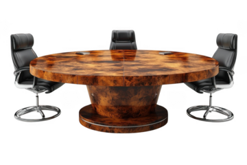 Large Conference Table Furniture in the middle with 3 office chairs isolated on transparent background, png file, no background png file