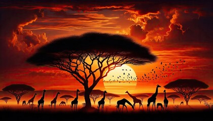 Naklejka premium Realistic Digital Artwork of Giraffes Silhouetted Against a Vibrant African Sunset, Featuring an Acacia Tree, Birds in Flight, and a Serene Savanna Landscape with Rich Warm Colors
