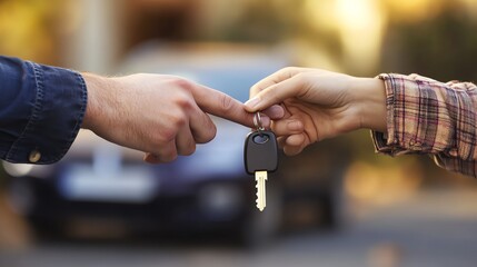 A man is handing a set of keys to a woman, symbolizing a business deal or transfer of ownership.