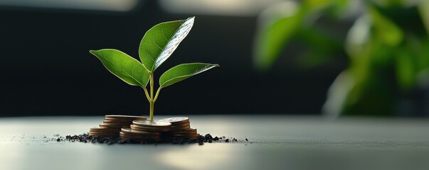 New plant growing from coins on a desk, symbolizing financial growth and sustainability.