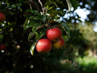 Red and green apples hanging from a tree branch in a lush orchard.