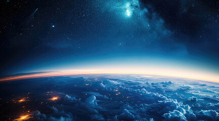 The aurora borealis captured from the stratosphere, visible green lights over the Earth and clouds, the nighttime sky with stars, a breathtaking view of the Earth below.