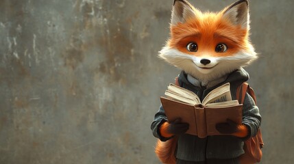 Obraz premium Playful fox with a school uniform, carrying a science book, fox at school, clever and curious