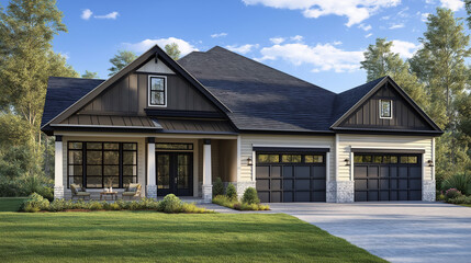 Stunning new home exterior with two-car garage and covered porch on a glorious sunny day. A perfect blend of modern architecture and natural beauty