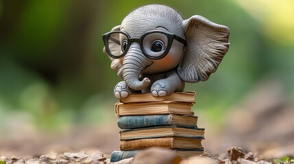 Obraz premium Tiny elephant wearing glasses and carrying a stack of books, elephant at school, wise and playful