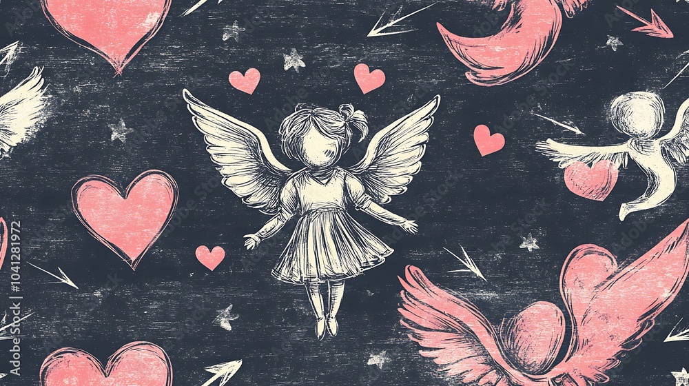 Wall mural Chalk-drawn Cupid silhouettes and heart-shaped arrows, blackboard-style background, white and pink chalk colors, rustic and nostalgic feel, seamless pattern, rough texture, handcrafted appearance,