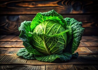 Fototapeta premium Fresh Green Cabbage on Wooden Table - Long Exposure Photography for Organic Food Lovers