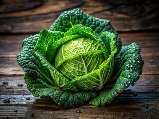 Fresh Green Cabbage with Dew Drops on Rustic Wooden Surface - Nature Photography