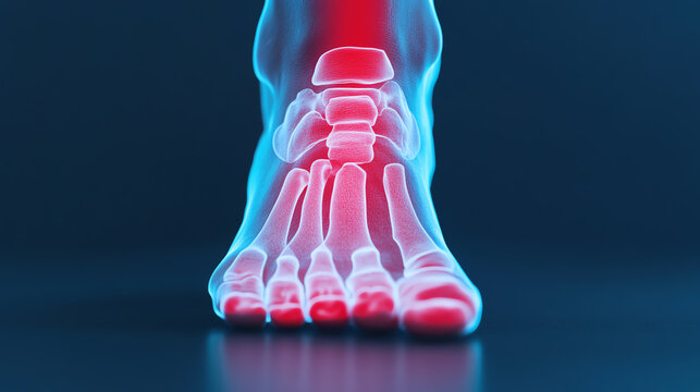 3D illustration of a human foot's x-ray view, showcasing bones and joints in vibrant colors on a dark background, ideal for educational purposes.