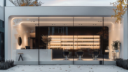 Exterior, a hair salon with a white facade accented by black and stainless-steel panels in an urban setting.