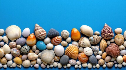 A photostock of a sandy beach with colorful seashells scattered along the shore. Nikon camera, 85mm lens, f/5.6 aperture, 1/250 shutter speed, focused on the shells