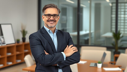 Fototapeta premium Psychological education. Successful business coach giving personal growth training, posing with crossed arms at office isolated with white highlights, png