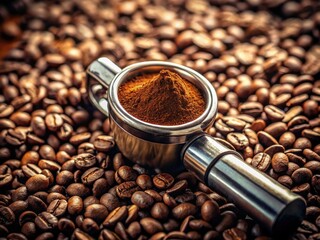 Freshly Ground Coffee in Portafilter Surrounded by Roasted Coffee Beans - Tilt-Shift Photography