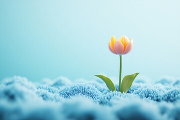 Single Tulip Flower on Blue Background - Minimalist Floral Art
