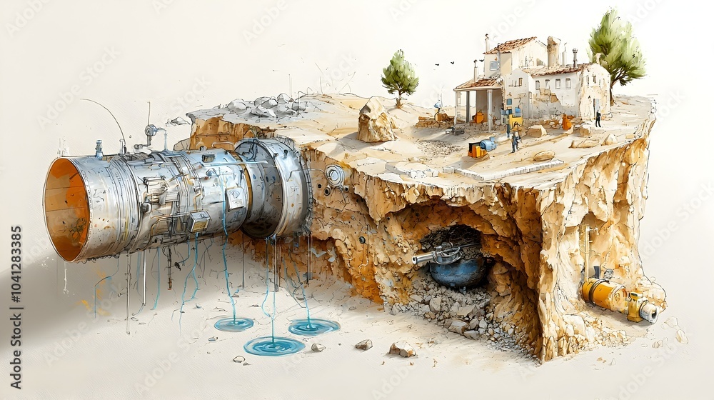 Poster cross section diagram illustrating the structure and process of an aquifer where groundwater flows t