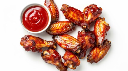 Deliciously glazed barbecue chicken wings served alongside a bowl of spicy sauce, perfect for satisfying your savory cravings and adding a touch of spicy zest to any meal.