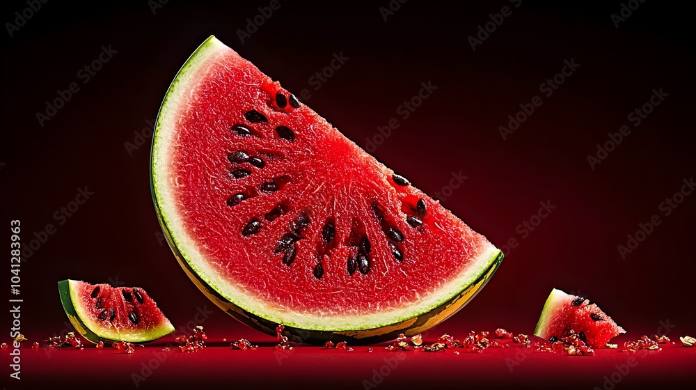 Poster a captivating cross section of a watermelon revealing a symmetrical star shaped pattern formed by th