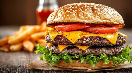 A captivating cross section of a beautifully grilled burger showcasing the delectable layering of melted cheese crisp lettuce juicy tomato and a tantalizing sauce dripping down