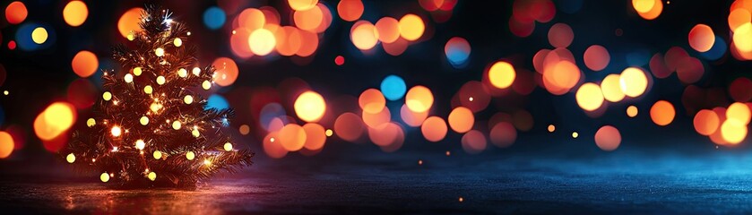 Christmas Background, Christmas tree with colorful bokeh lights on a dark background.