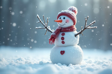 Fototapeta premium Snowman in red hat and scarf standing in snow