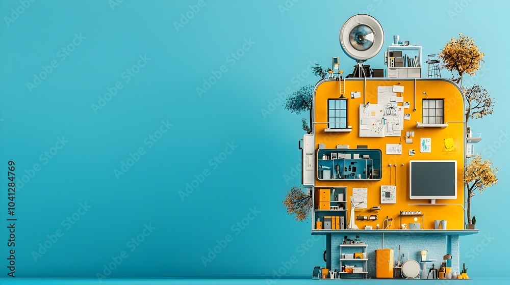 Poster a cross section of a dynamic marketing agency workspace showcasing a variety of creative rooms media
