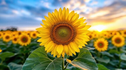Fototapeta premium A photostock of a sunflower field stretching toward the horizon, captured at sunrise. Nikon camera, 50mm lens, f/2.8 aperture, 1/160 shutter speed, focused on the closest sunflowers