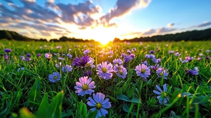 Obraz premium A photostock of a sunrise over a field of wildflowers, with rays of light illuminating the scene. Nikon camera, 24mm lens, f/8 aperture, 1/100 shutter speed, focused on the flowers