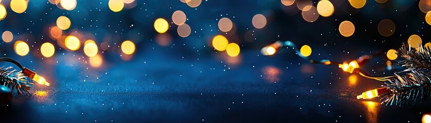 Naklejka premium Christmas Background, Colorful holiday lights bokeh on a blue background creating a festive atmosphere.