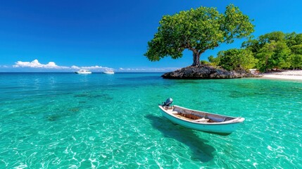 A photostock of a tropical island surrounded by turquoise waters, with distant boats visible. Nikon camera, 24-70mm lens, f/5.6 aperture, 1/320 shutter speed, focused on the island's shore