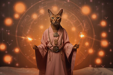 Abyssinian breed cat with robe sit on orange background with bokeh, magical symbols