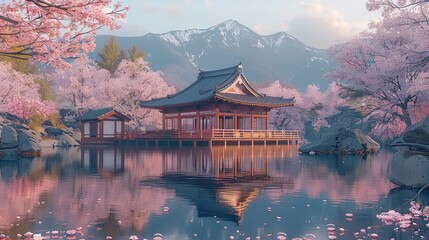 Fototapeta premium A serene Japanese landscape during cherry blossom season, showcasing traditional wooden tea houses surrounded by blooming sakura trees.