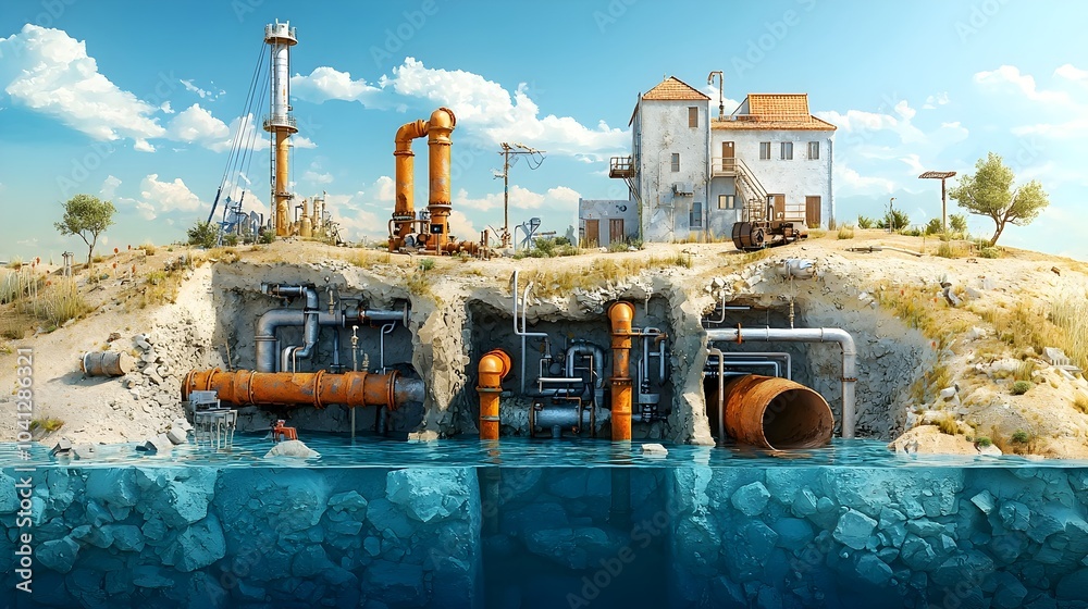 Poster Aerial view of the cross section of an lake showcasing the intricate network of pipelines dams and other water management structures that regulate the flow and storage of this vital natural resource