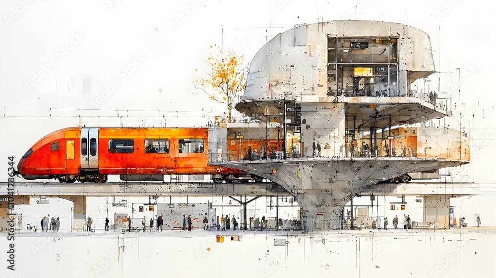 Poster an internal cross section view of a contemporary train station showcasing the various elements and f