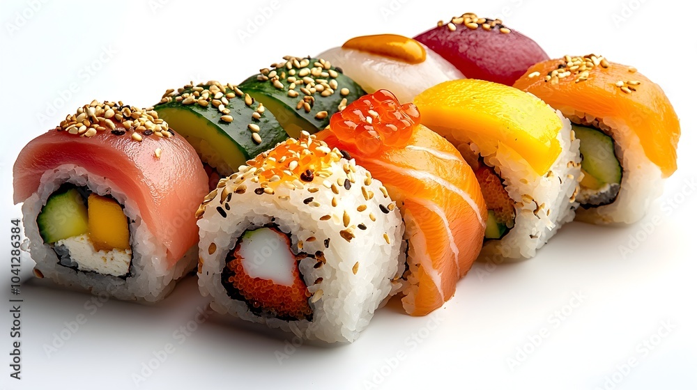 Aufkleber Beautifully Captured Cross Section of Assorted Sushi Rolls Showcasing a Vibrant Array of Colorful Fillings Such as Salmon Cucumber and Mango