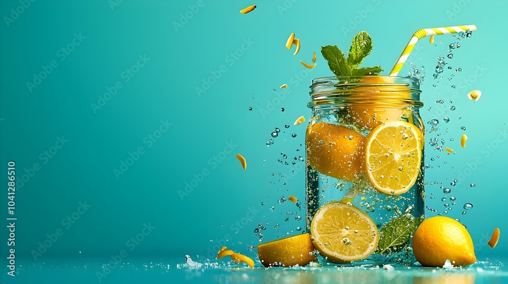 Poster Beautifully crafted cross section of a transparent glass lemonade jar displaying the vibrant floating lemon slices and fresh green mint leaves within creating a refreshing and appetizing visual