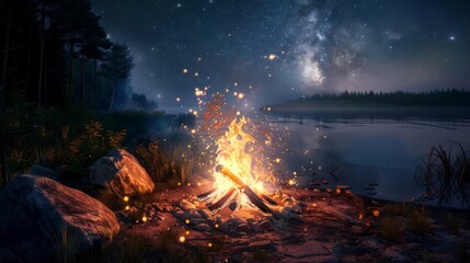 A mesmerizing campfire blazes under a vibrant Milky Way sky, reflecting on a peaceful lake, surrounded by natural foliage and rocks in a serene forest setting.
