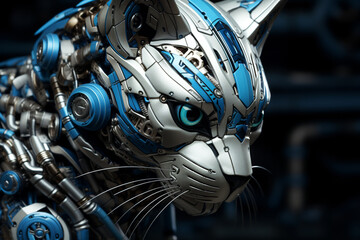 Fototapeta premium Portrait of a white and blue cybernetic cat, close up