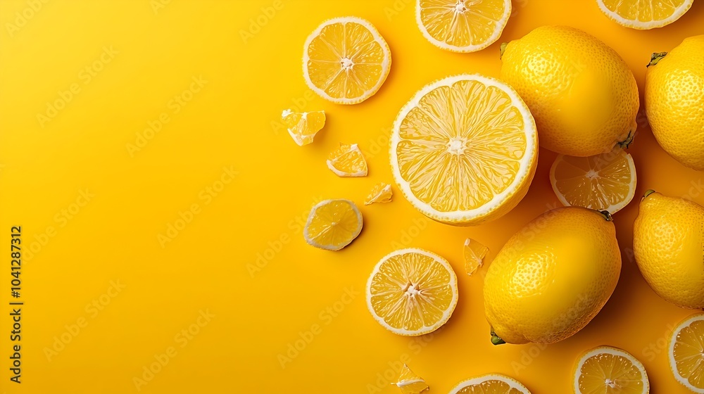 Poster Captivating cross section of a sliced lemon revealing the intricate circular segments and juicy pulp within the bright yellow citrus fruit