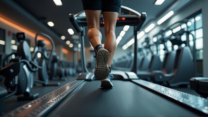 Close up of feet, sportman runner running on treadmill in fitness club. Cardio workout. Healthy lifestyle, guy training in gym. Sport running concept